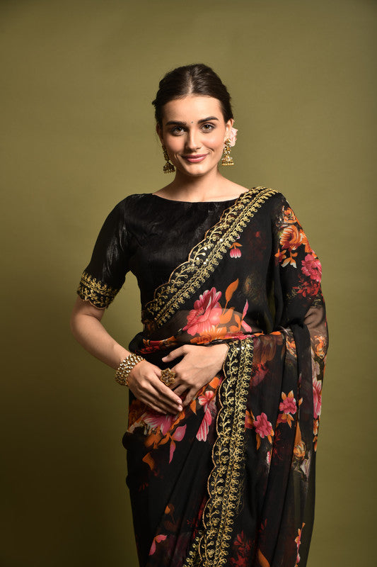 Malishka Women's Black Georgette Chiffon Floral Print & Embroidery Saree With Blouse Piece - Distacart