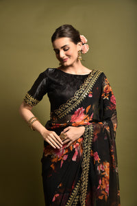 Thumbnail for Malishka Women's Black Georgette Chiffon Floral Print & Embroidery Saree With Blouse Piece - Distacart