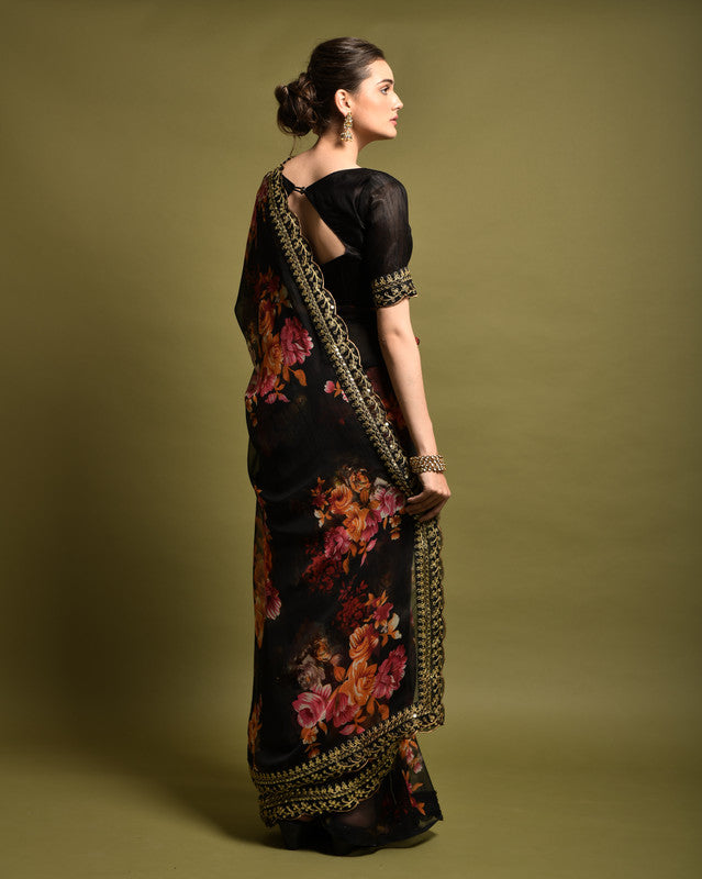 Malishka Women's Black Georgette Chiffon Floral Print & Embroidery Saree With Blouse Piece - Distacart