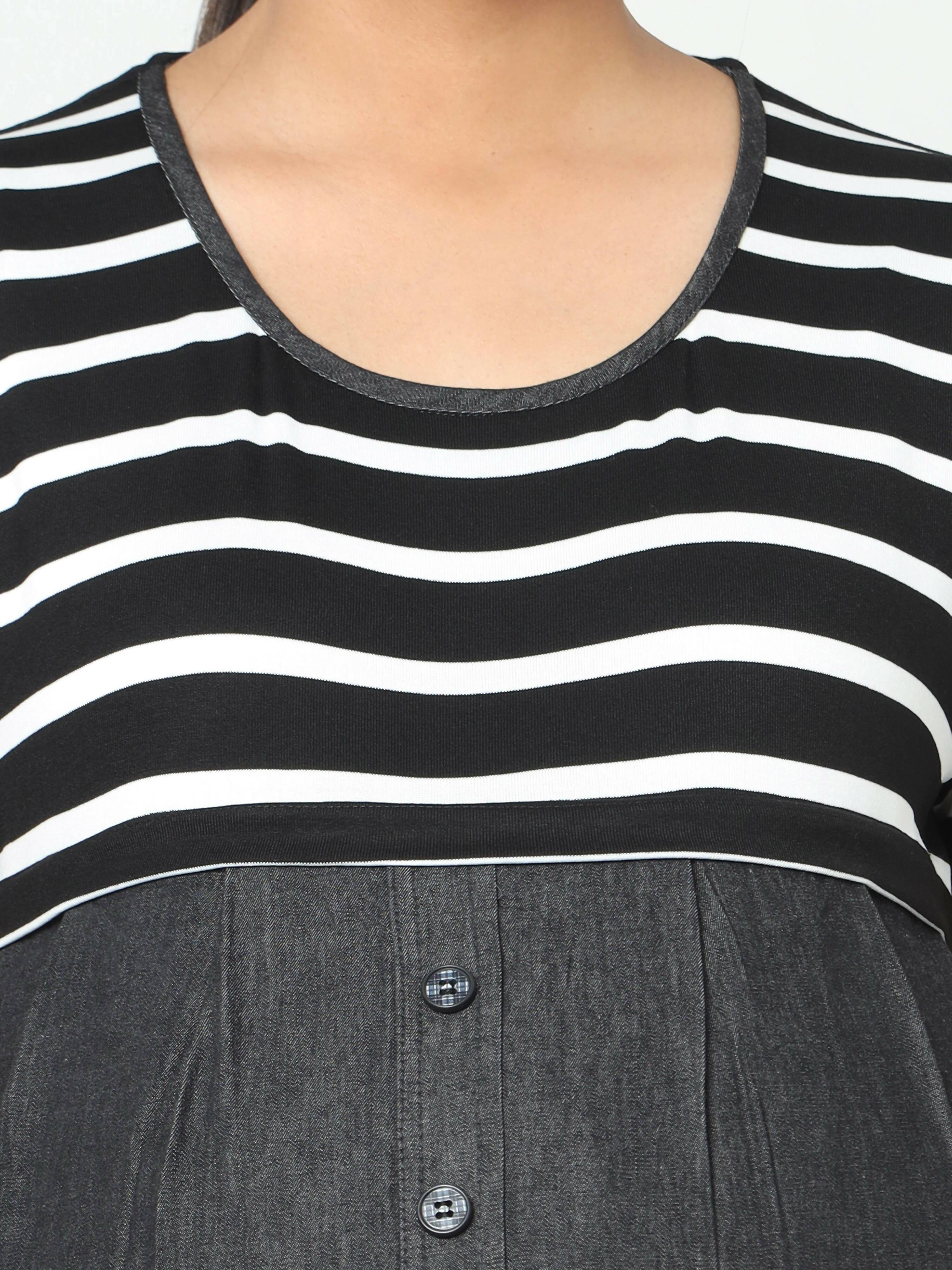 Manet Half Sleeves Maternity Dress White Striped With Concealed Zipper Nursing Access - Black - Distacart