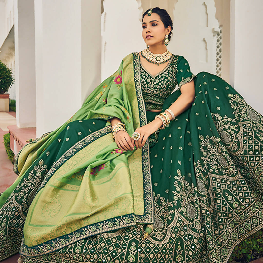 Green Heavy Viscose Khatli, Embroidery & Mirror Work Unstitched Lehenga Choli - Sisha Keshav - Distacart