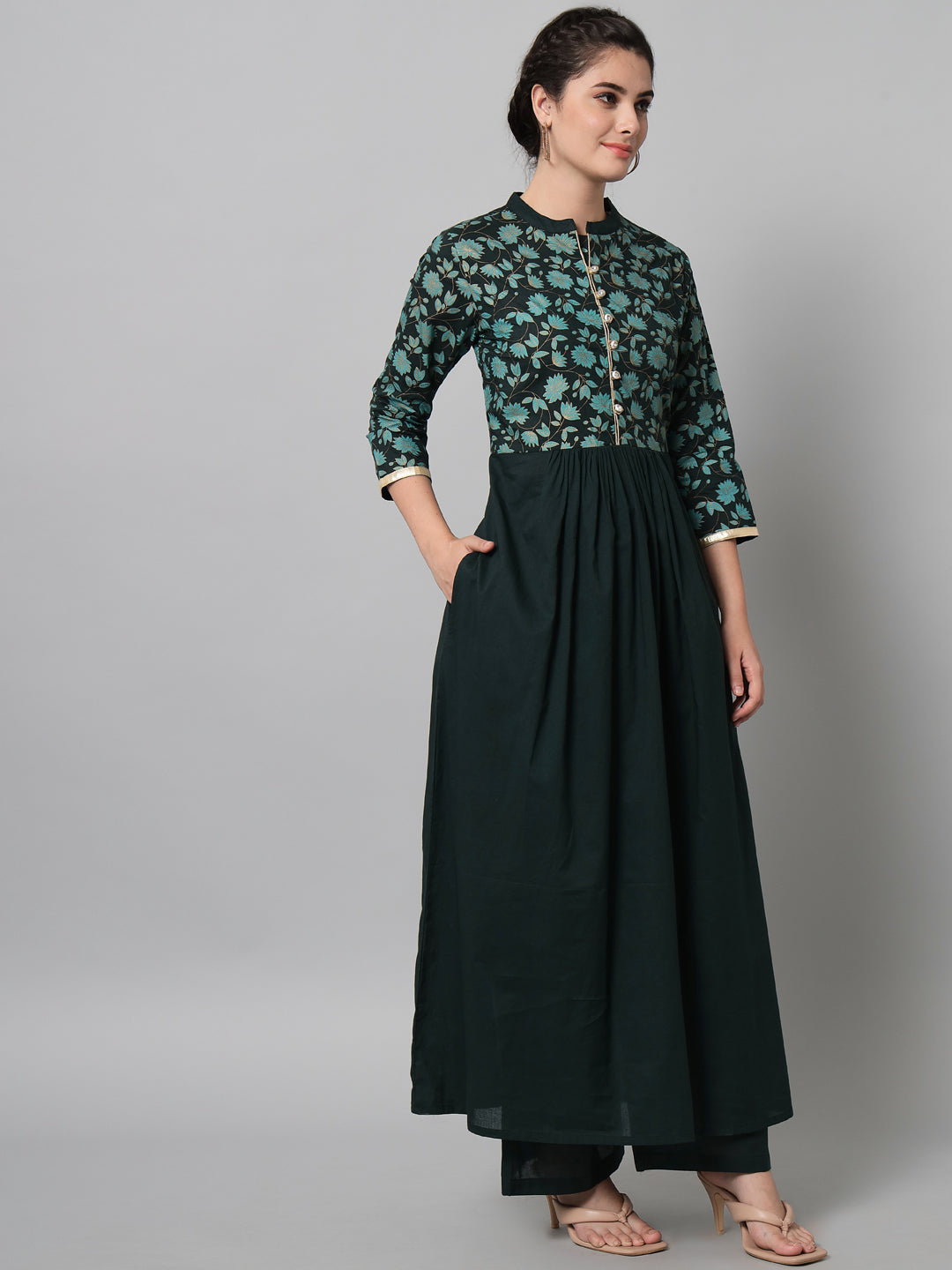 NOZ2TOZ Bottle Green Hand Block Printed Kurta Palazzo Set With Dupatta - Distacart