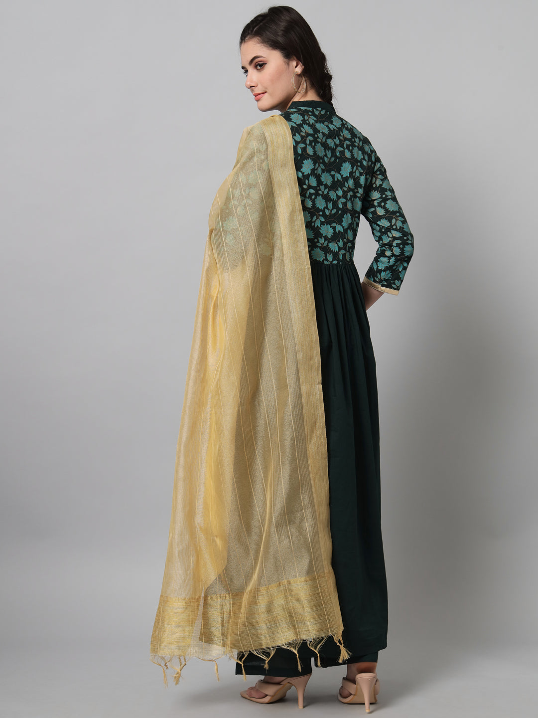 NOZ2TOZ Bottle Green Hand Block Printed Kurta Palazzo Set With Dupatta - Distacart