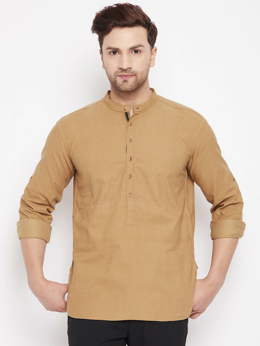 Even Apparels Beige Pure Cotton Short Men's Kurta With Band Collar - Distacart