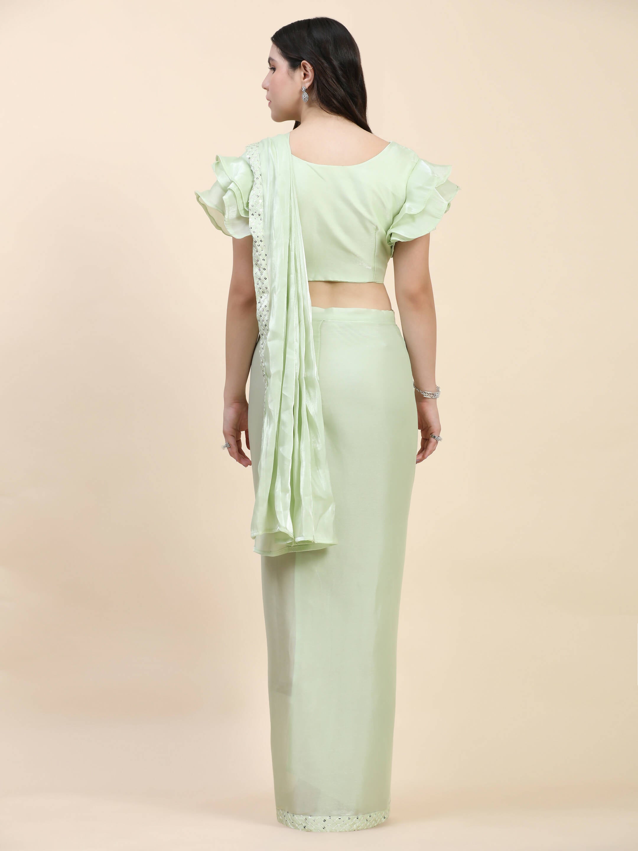 Light Green Silk Satin Sequence Work Ready to Wear Saree with stitched Blouse - Nirvana - Distacart