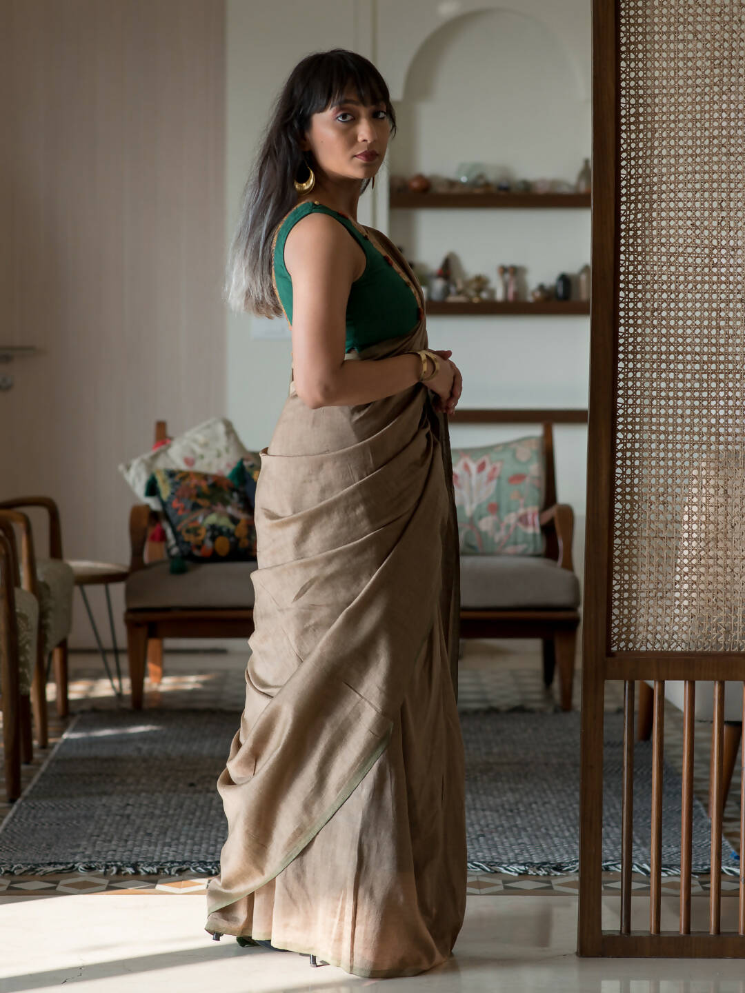 Suta Taupe Solid Cotton Blend Saree - Distacart