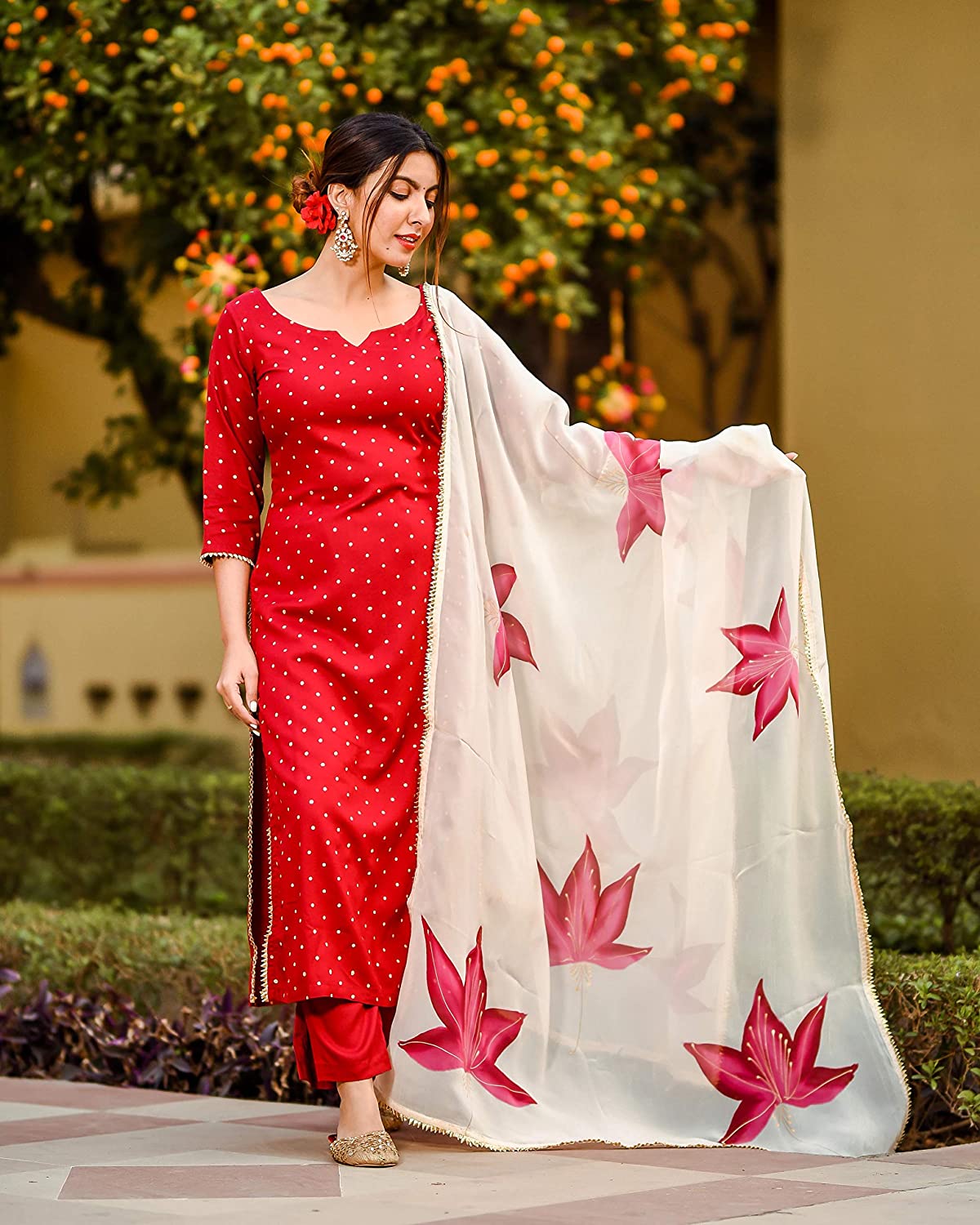 Malishka Women's Red Cotton Printed Kurta Palazzo Set With Dupatta - Red - Distacart