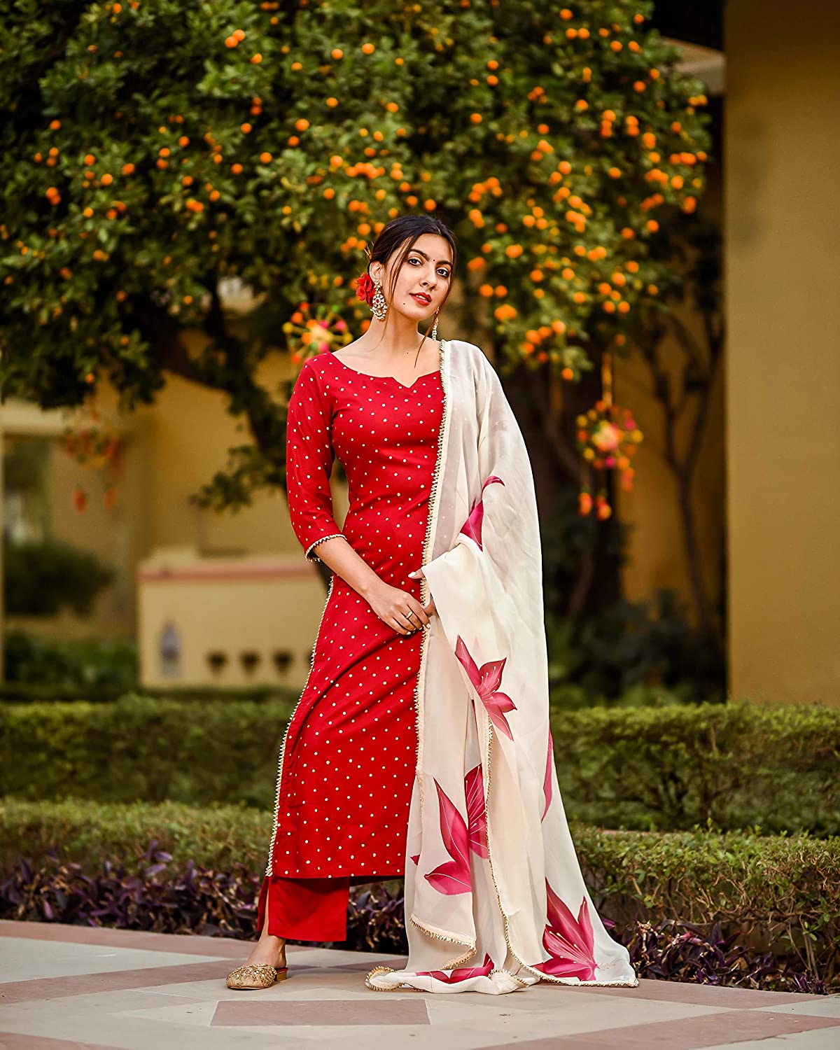 Malishka Women's Red Cotton Printed Kurta Palazzo Set With Dupatta - Red - Distacart