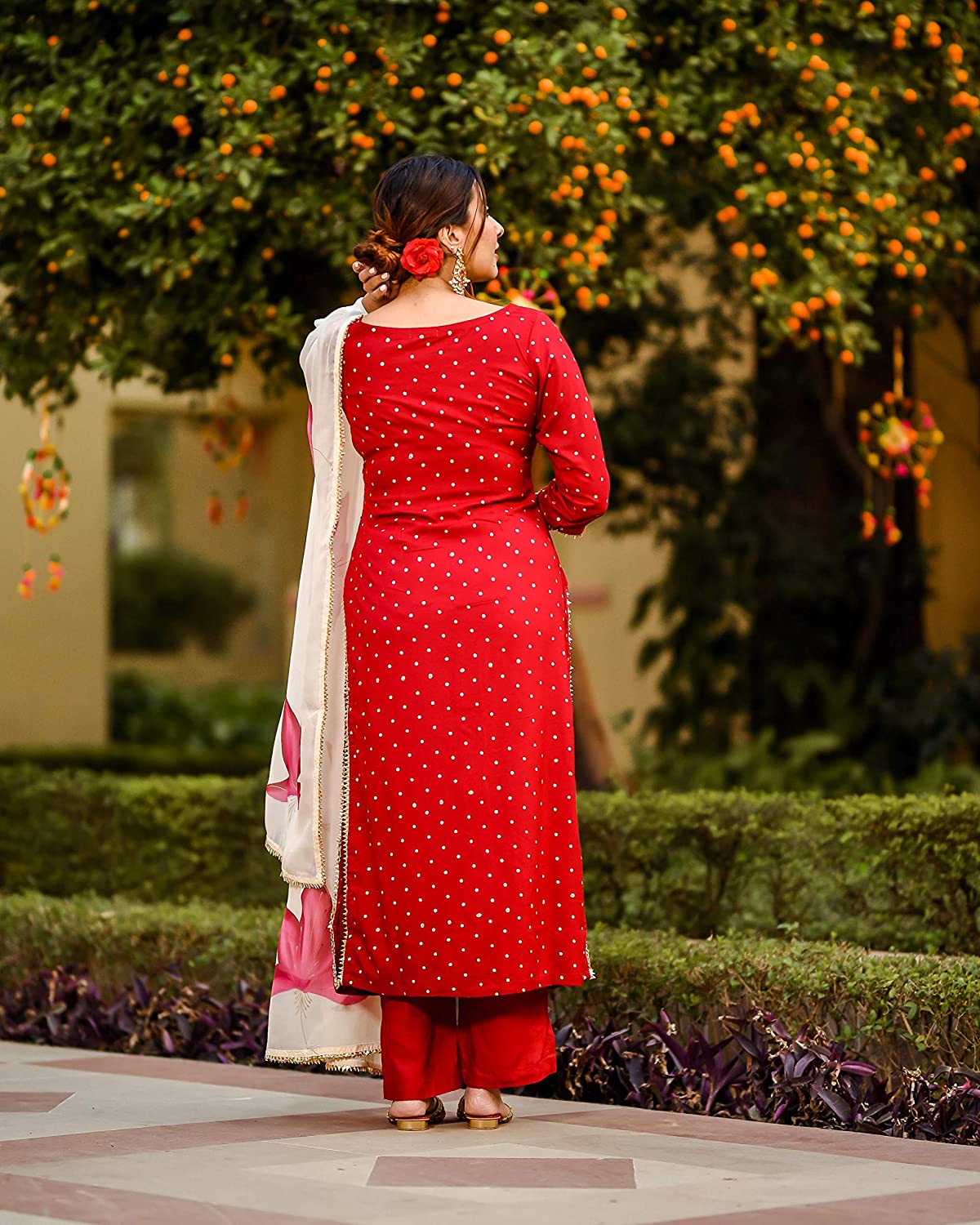 Malishka Women's Red Cotton Printed Kurta Palazzo Set With Dupatta - Red - Distacart