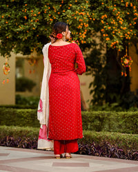 Thumbnail for Malishka Women's Red Cotton Printed Kurta Palazzo Set With Dupatta - Red - Distacart