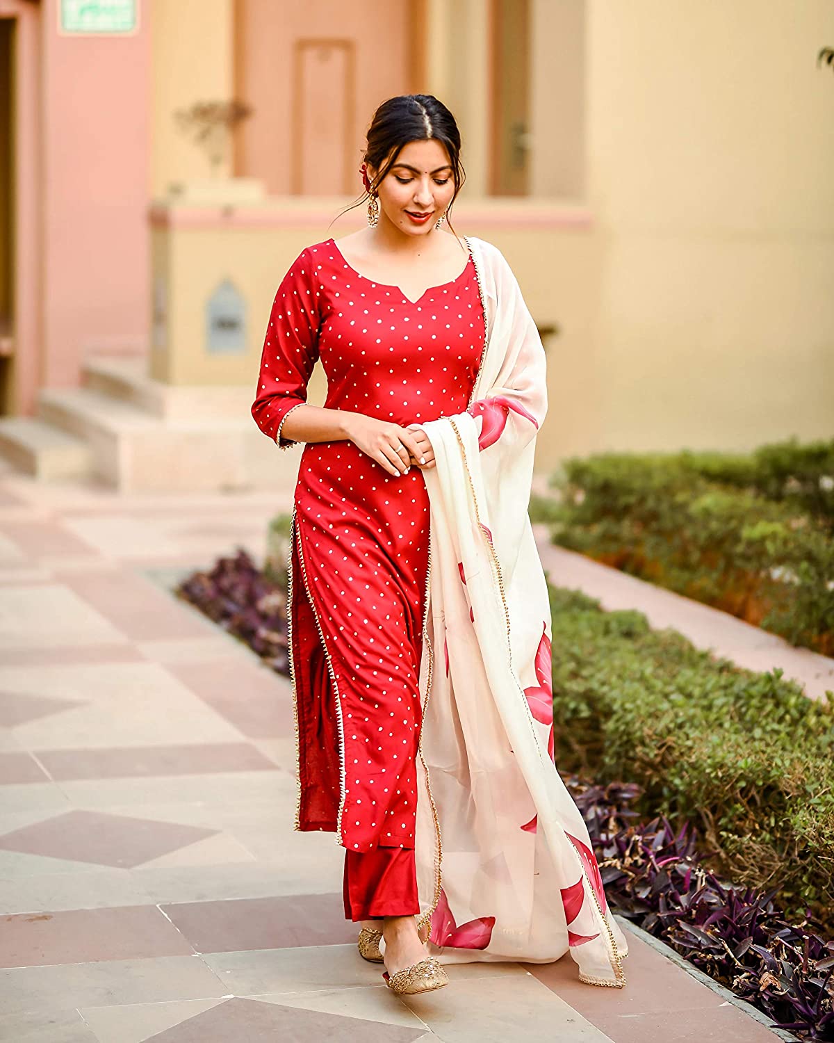Malishka Women's Red Cotton Printed Kurta Palazzo Set With Dupatta - Red - Distacart