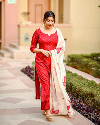 Thumbnail for Malishka Women's Red Cotton Printed Kurta Palazzo Set With Dupatta - Red - Distacart