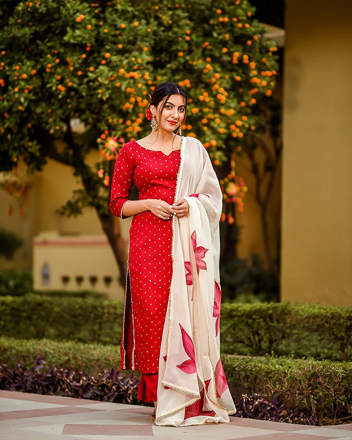 Malishka Women's Red Cotton Printed Kurta Palazzo Set With Dupatta - Red - Distacart
