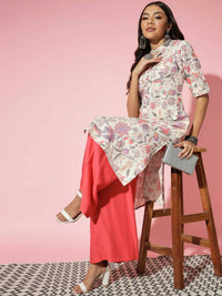 Thumbnail for Myshka Women Multi Floral Cotton A-Line Round Neck Kurtas - Distacart