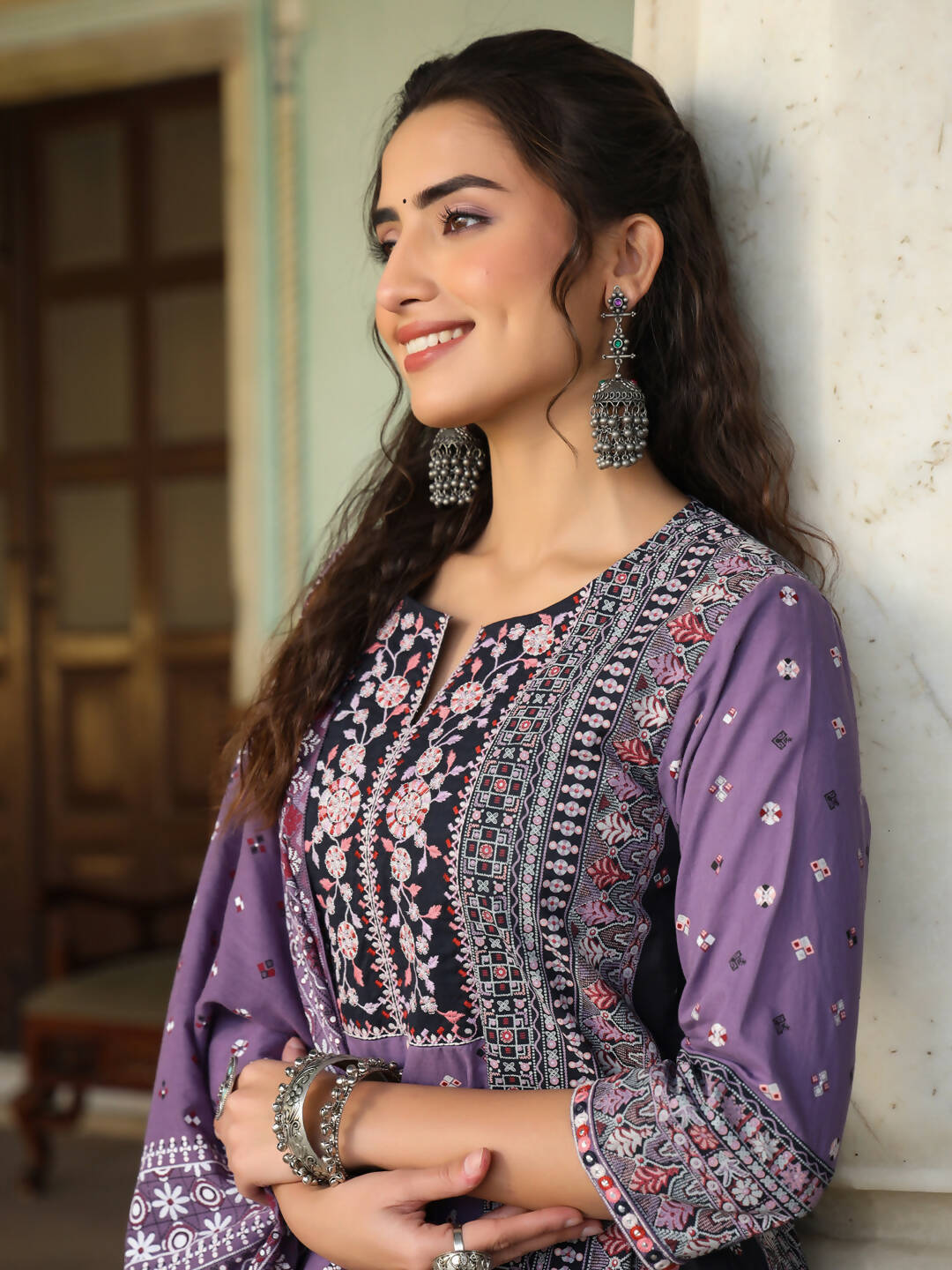 Juniper Women's Lavender Cambric Geometric Printed Mix And Match Kurta Palazzo And Dupatta Set - Distacart