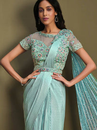 Thumbnail for Sky Blue Fancy Crystal Crepe Sequence Embroidered Saree With Stitched Blouse - Mohmanthan La Belle - Distacart
