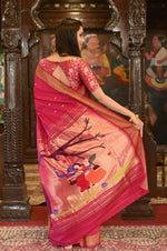 Thumbnail for Very Much Indian Handloom Pure Cotton Paithani Radha Krishna Pallu-Red Delight - Distacart