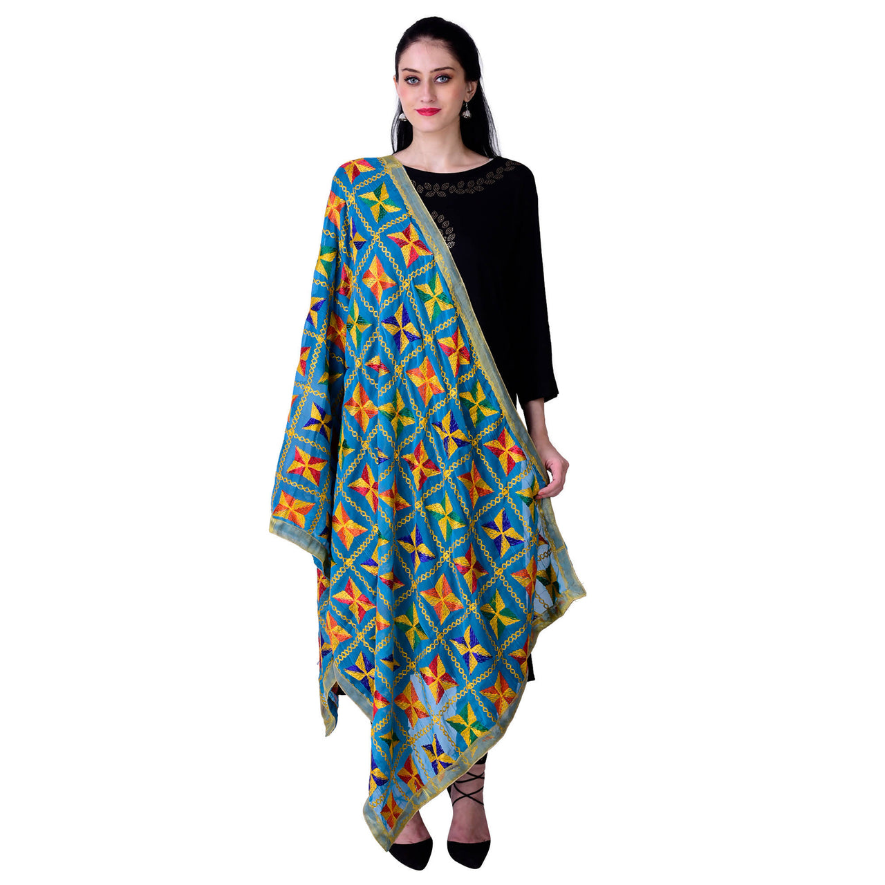 SWI Stylish Women's Embroidered Phulkari Chiffon Turquoise Dupatta