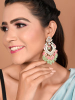 Thumbnail for Shoshaa Gold-Plated Green & Pink Enamel Kundan-Studded Drop Earrings - Distacart