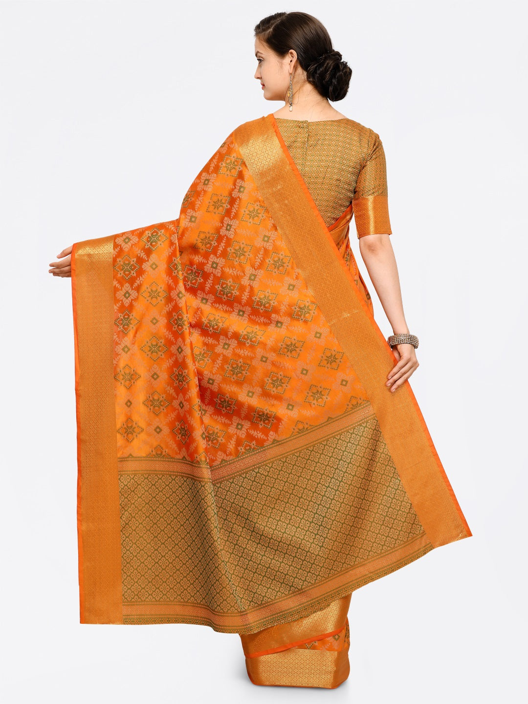 Saree Mall Yellow Silk Blend Patola Print Kanjeevaram Saree with Unstitched Blouse - Distacart