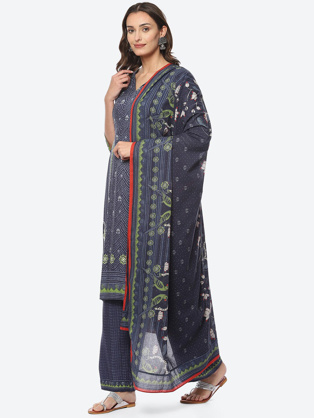 Biba Ethnic Motifs Printed Pleated Kurta with Palazzos & Dupatta - Distacart