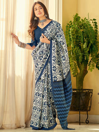Thumbnail for Saree Mall Off White & Blue Ethnic Motifs Dabu Saree - Distacart