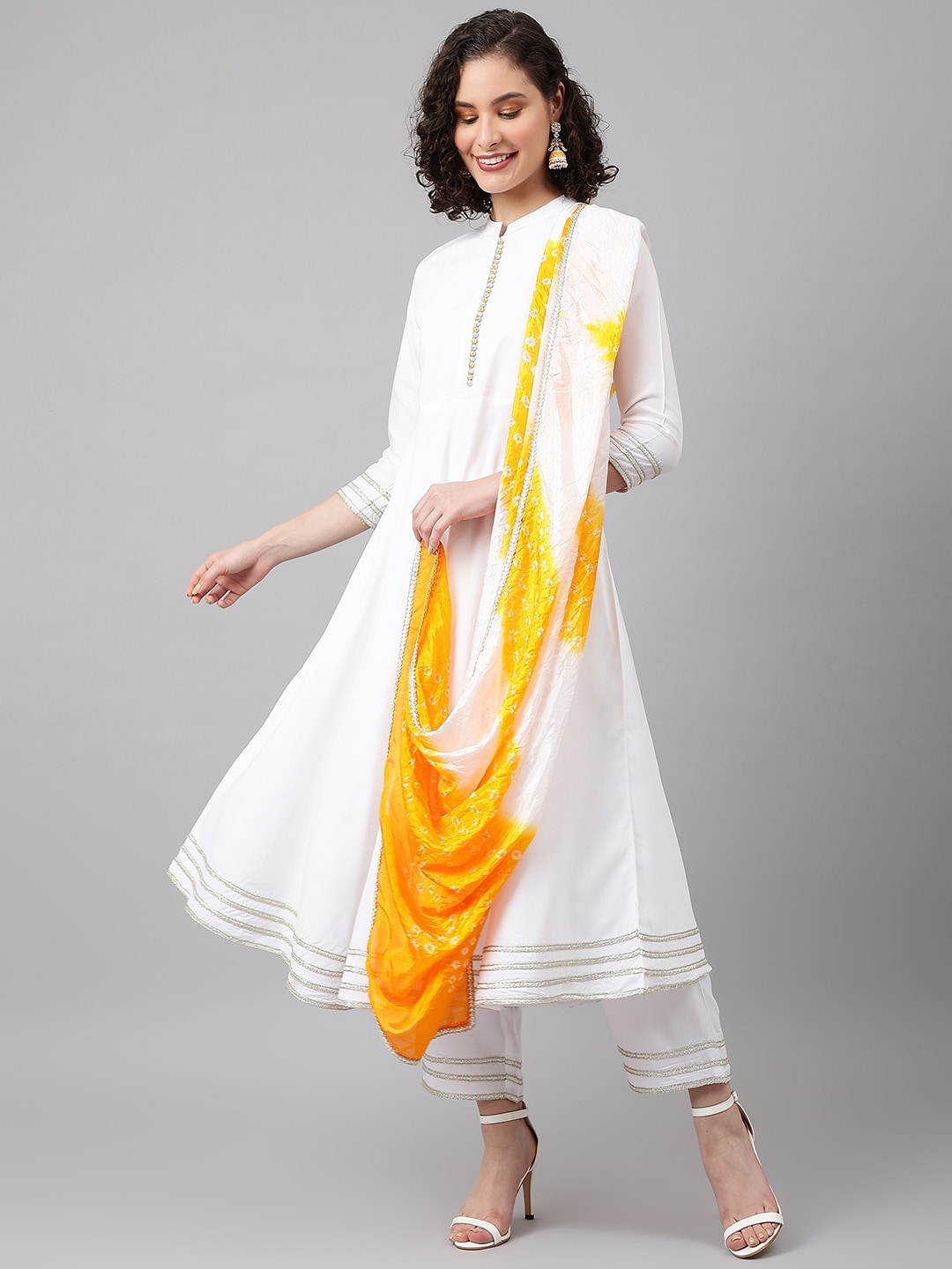 Khushal K Band Collar Gotta Patti Anarkali Kurta with Palazzos & Dupatta - Distacart