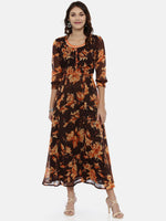 Thumbnail for Souchii Brown & Orange Floral Printed Chiffon Maxi Dress - Distacart