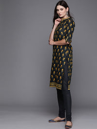 Thumbnail for Biba Women Black & Mustard Yellow Pure Cotton Printed Kurta with Churidar - Distacart