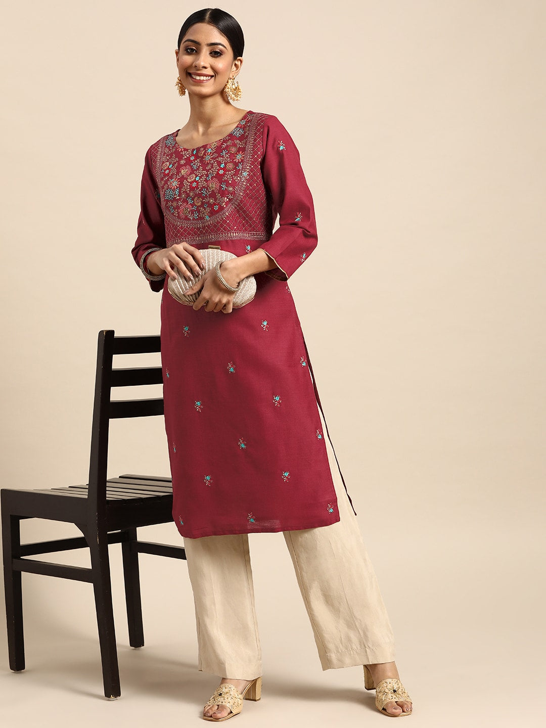 Sangria Women Red Yoke Design Sequined Kurta - Distacart