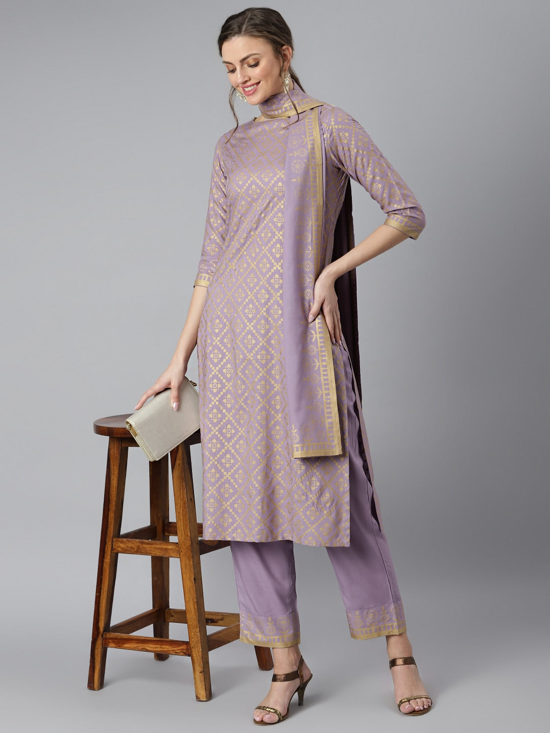 Khushal K Women Purple & Gold-Toned Printed Kurta with Trousers & Dupatta - Distacart