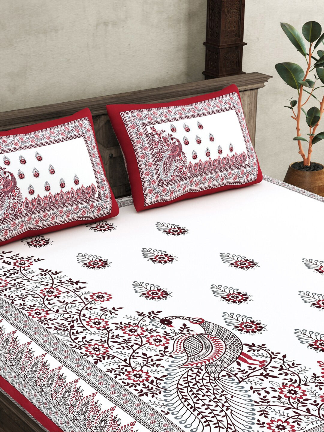 JAIPUR FABRICWhite Red Ethnic Motifs Cotton 250 TC King Bedsheet With 2 Pillow Covers - Distacart