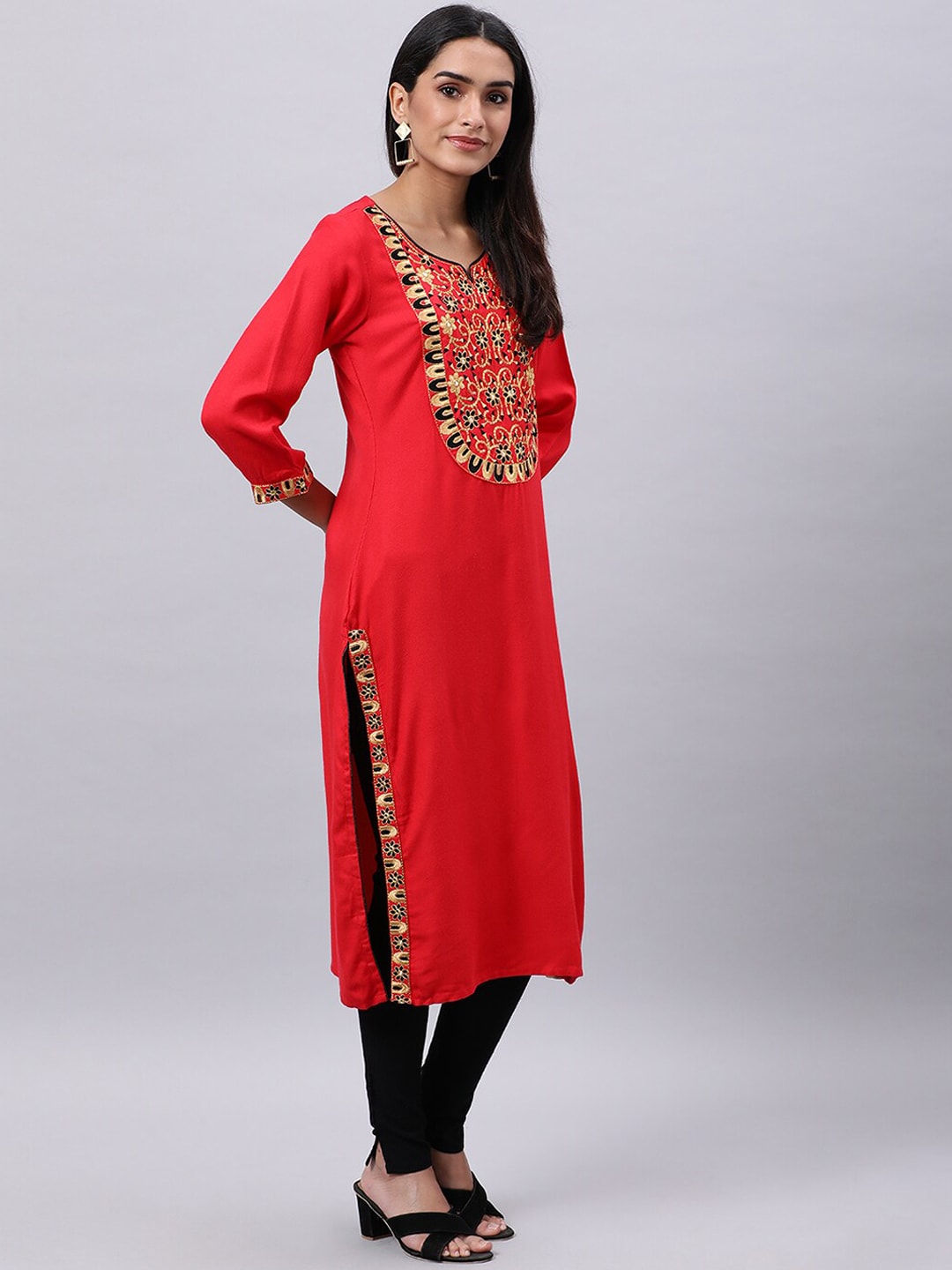 Souchii Red Yoke Design Mirror Work Grandeur & Majestic Artwork Kurta - Distacart