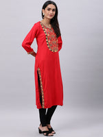 Thumbnail for Souchii Red Yoke Design Mirror Work Grandeur & Majestic Artwork Kurta - Distacart