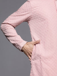 Thumbnail for Manyavar Men Pink Ethnic Motifs Embroidered Kurta with Churidar - Distacart