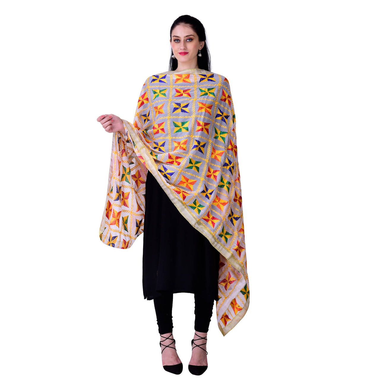 SWI Stylish Women's Embroidered Phulkari Chiffon White Dupatta