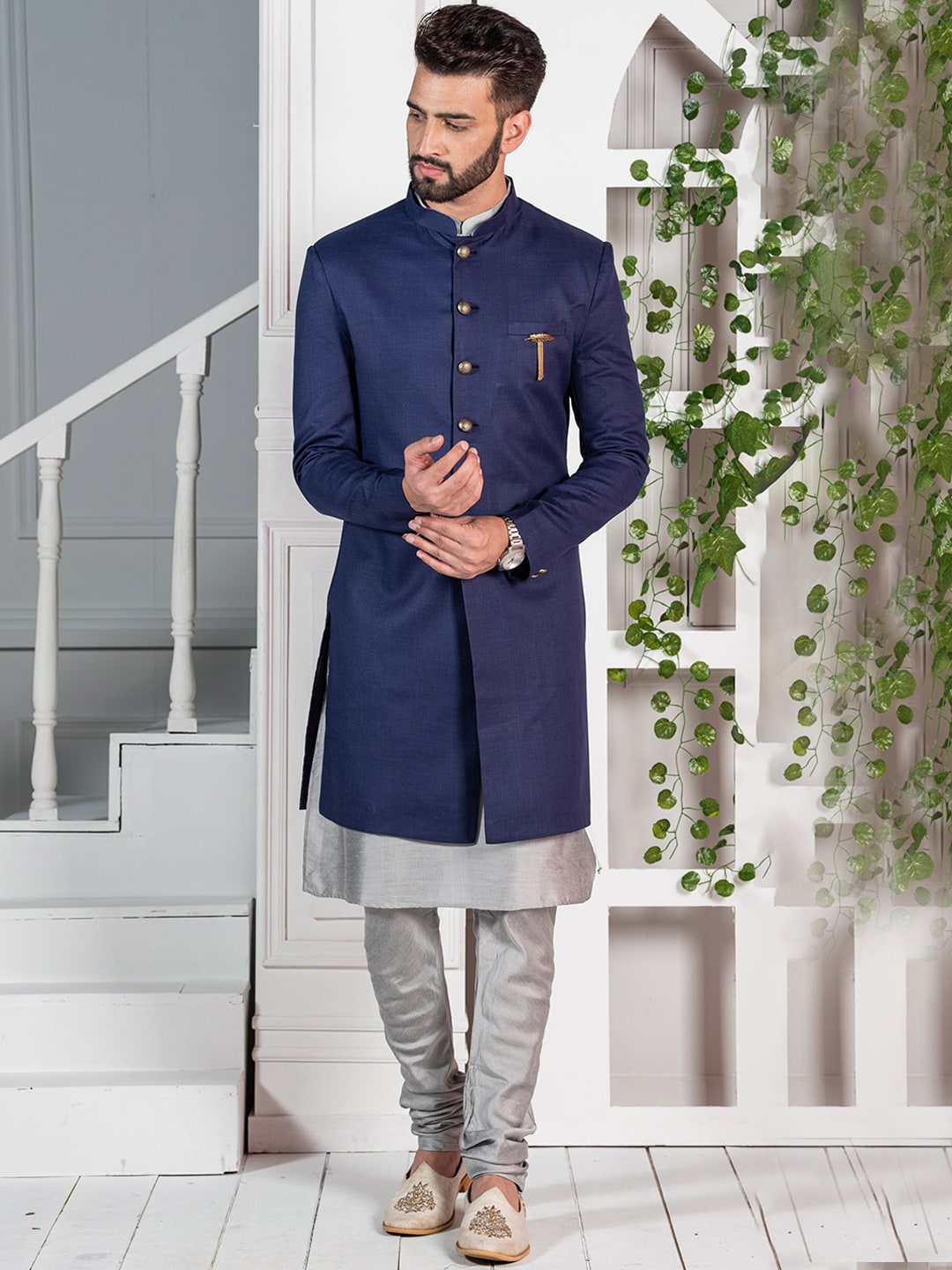 KISAH Men Mandarin Collar Cotton Kurta Sherwani Set - Distacart