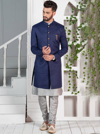 Thumbnail for KISAH Men Mandarin Collar Cotton Kurta Sherwani Set - Distacart