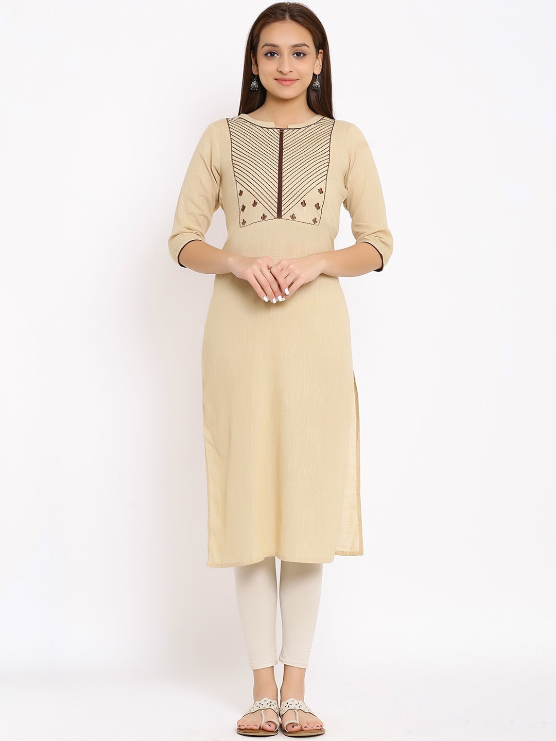 HERE&NOW Beige Geometric Yoke Design Thread Work Kurta - Distacart