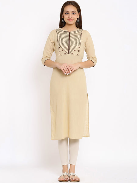 HERE&NOW Beige Geometric Yoke Design Thread Work Kurta - Distacart