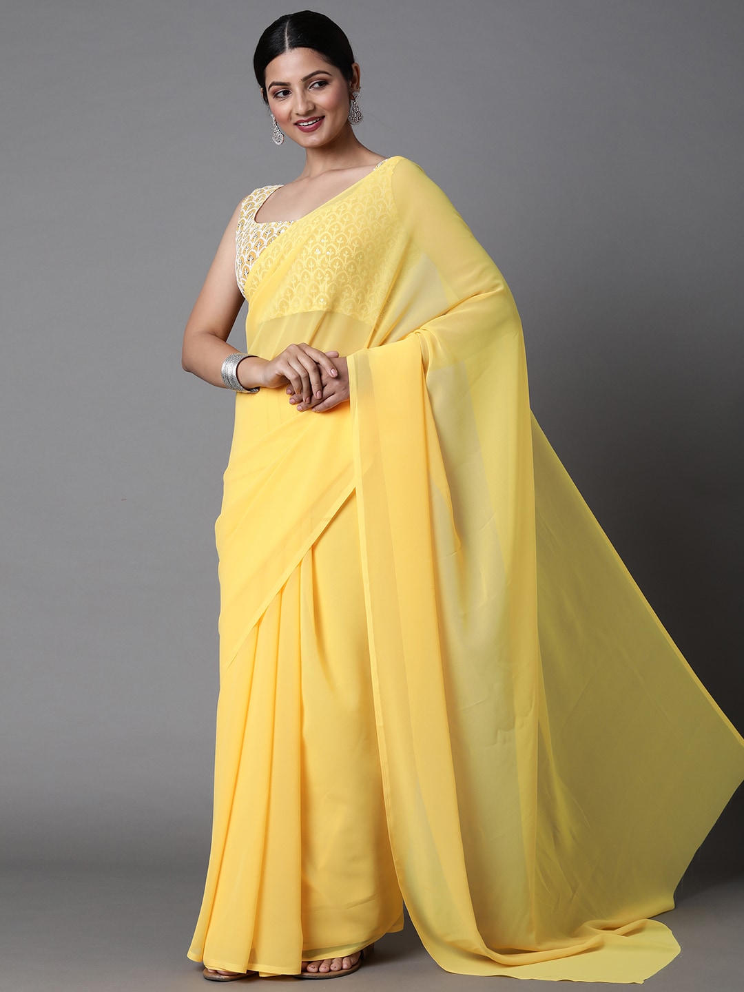 Mitera Yellow Solid Pure Georgette Saree - Distacart