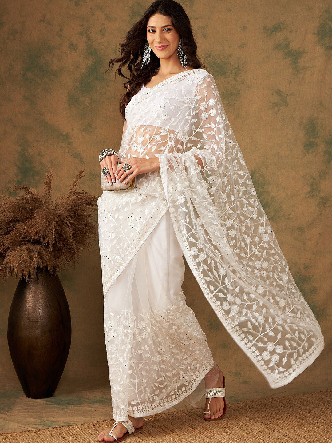 Sangria Embroidered Net Sarees - Distacart