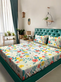 Thumbnail for KLOTTHE White & Grey Floral Print 300 TC Fitted Double King Bedsheet With 2 Pillow Covers - Distacart