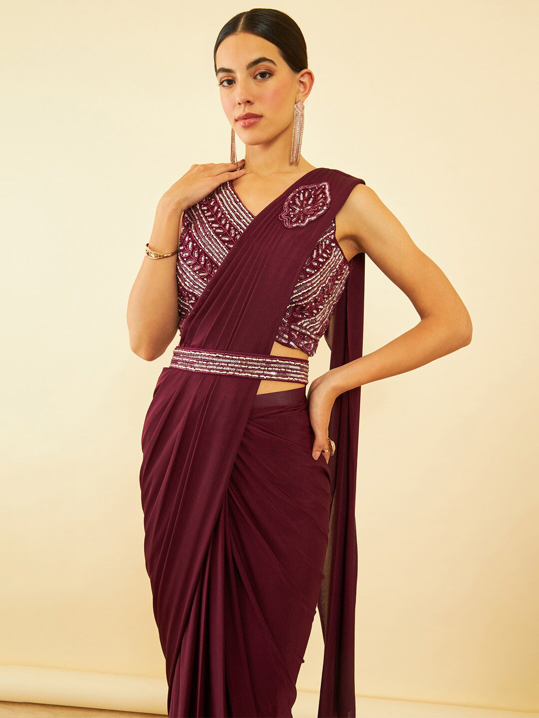 Soch Maroon Beads and Stones Ready to Wear Saree - Distacart
