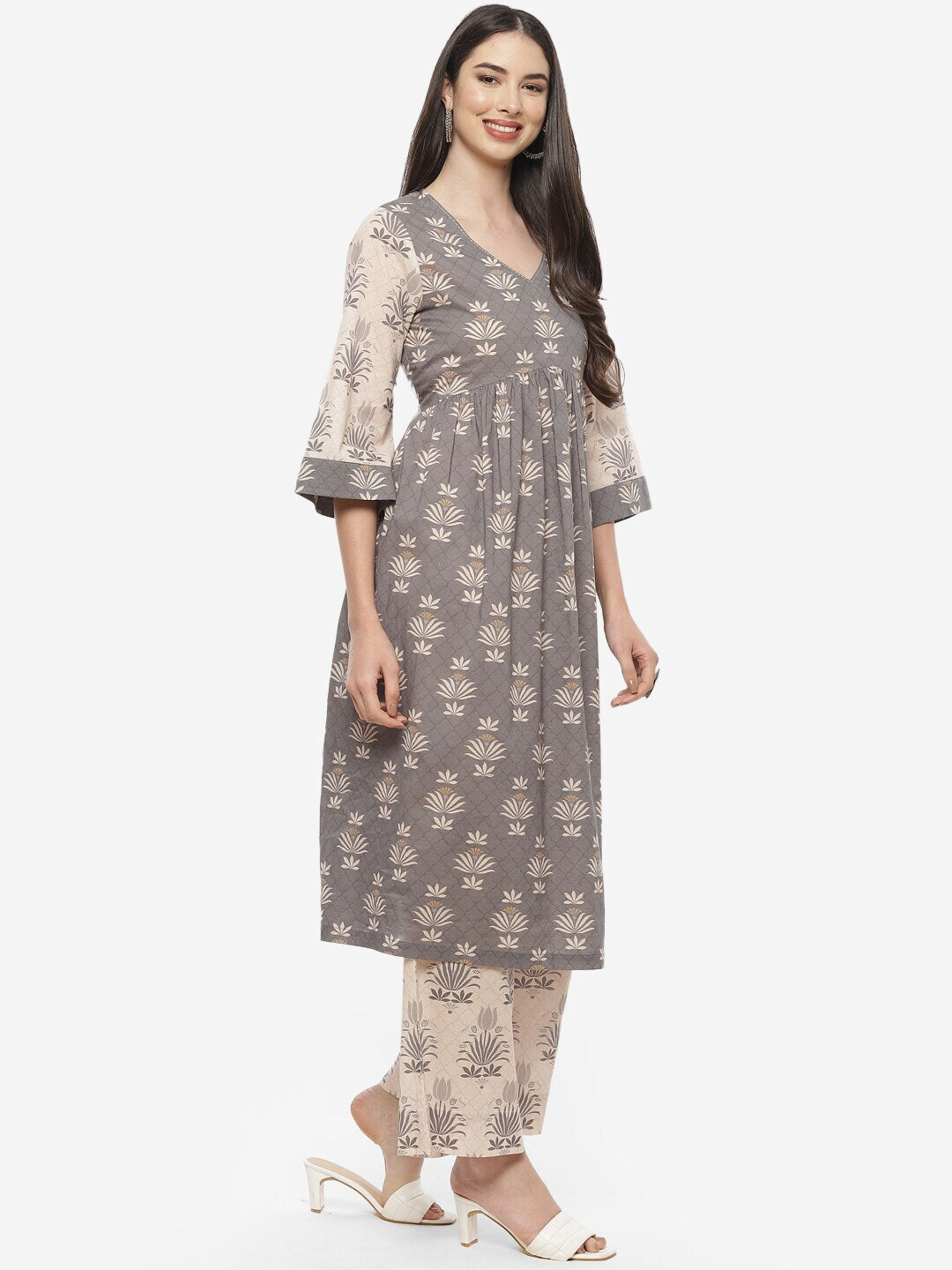 Biba Women Grey & Beige Ethnic Motifs Printed Pleated Pure Cotton Kurta with Palazzos - Distacart