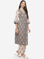 Thumbnail for Biba Women Grey & Beige Ethnic Motifs Printed Pleated Pure Cotton Kurta with Palazzos - Distacart