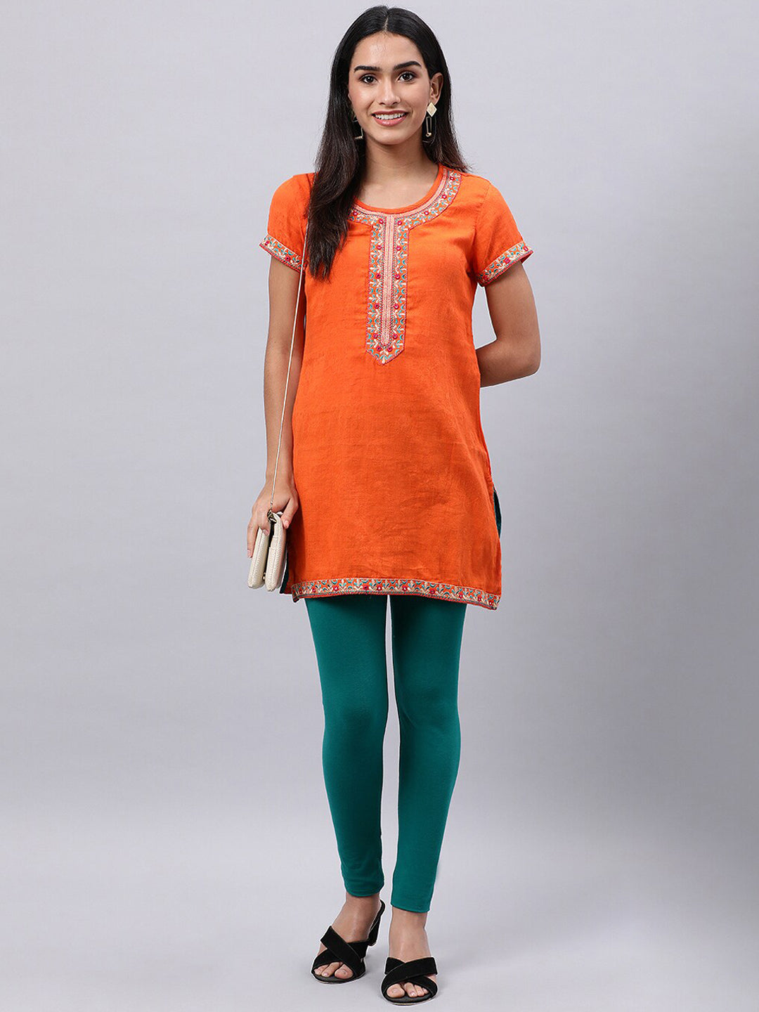 Souchii Orange Floral Embroidered Mirror Work Mirror Work Kurti - Distacart