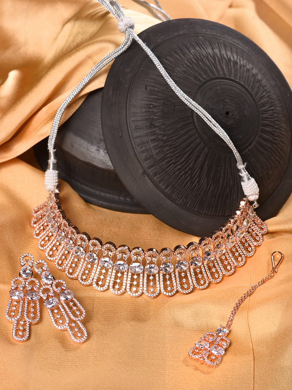 Saraf RS Jewellery Rose Gold-Plated White AD Studded Jewellery Set With Maang Tika - Distacart
