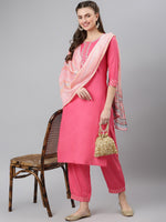 Thumbnail for Khushal K Women Pink Yoke Design Kurti with Trouser & Dupatta - Distacart