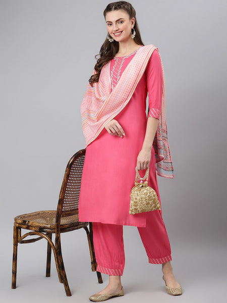 Khushal K Women Pink Yoke Design Kurti with Trouser & Dupatta - Distacart